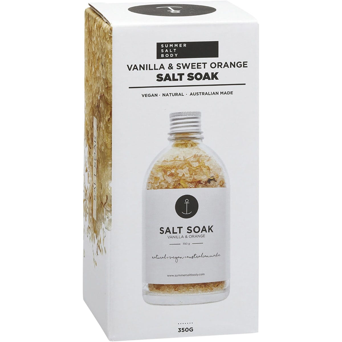 White box for Summer Salt Body Vanilla and Sweet Orange Salt Soak 350g with orange floral illustrations.
