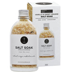 Summer Salt Body Vanilla and Sweet Orange Salt Soak 350g glass jar with a white box on a white background.