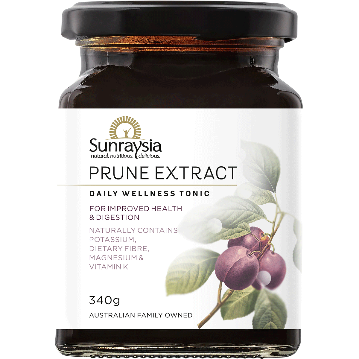 Sunraysia Prune Extract 340g jar with blue and white label on a white background.
