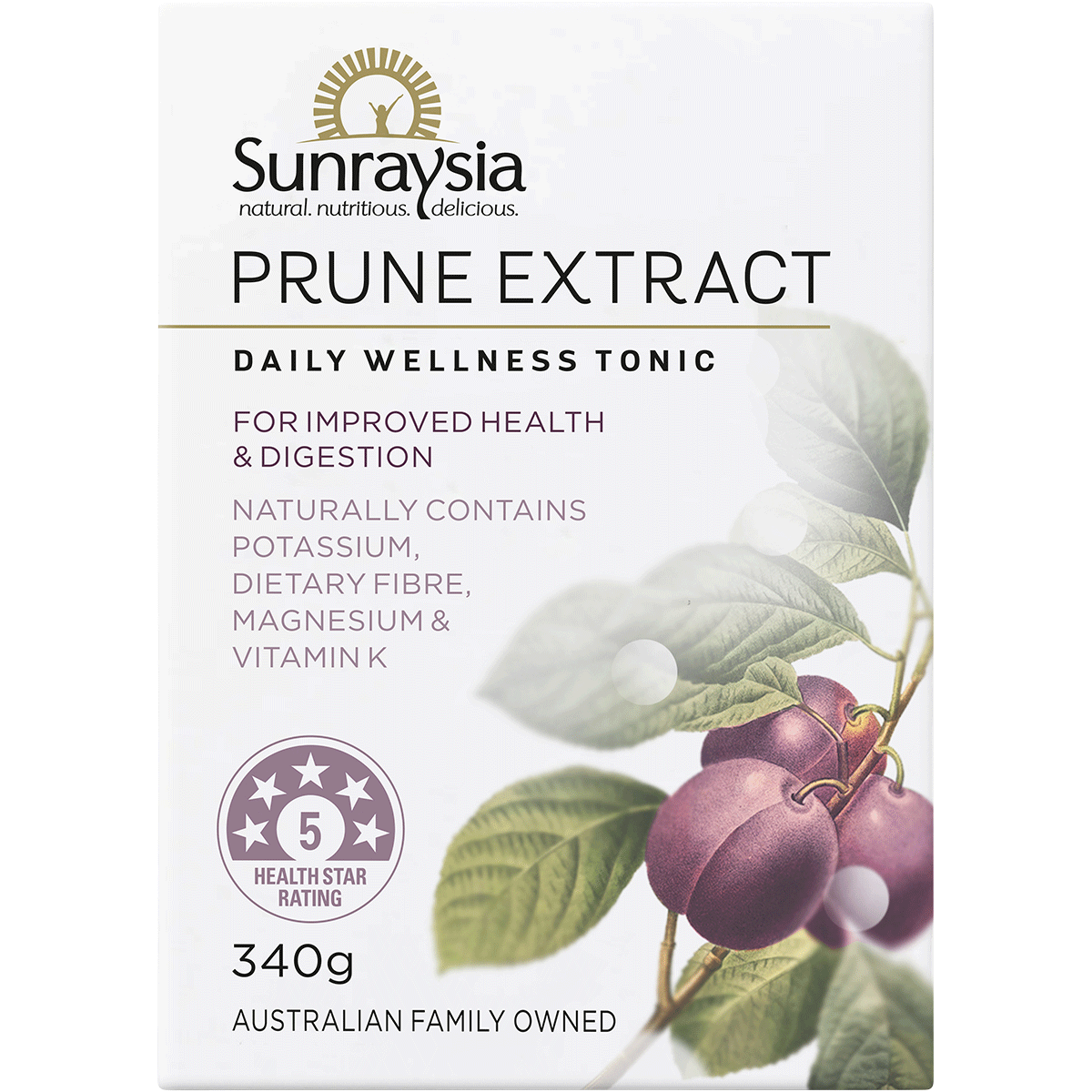 Front of the Sunraysia Prune Extract 340g product box with blue and white branding on a white background.