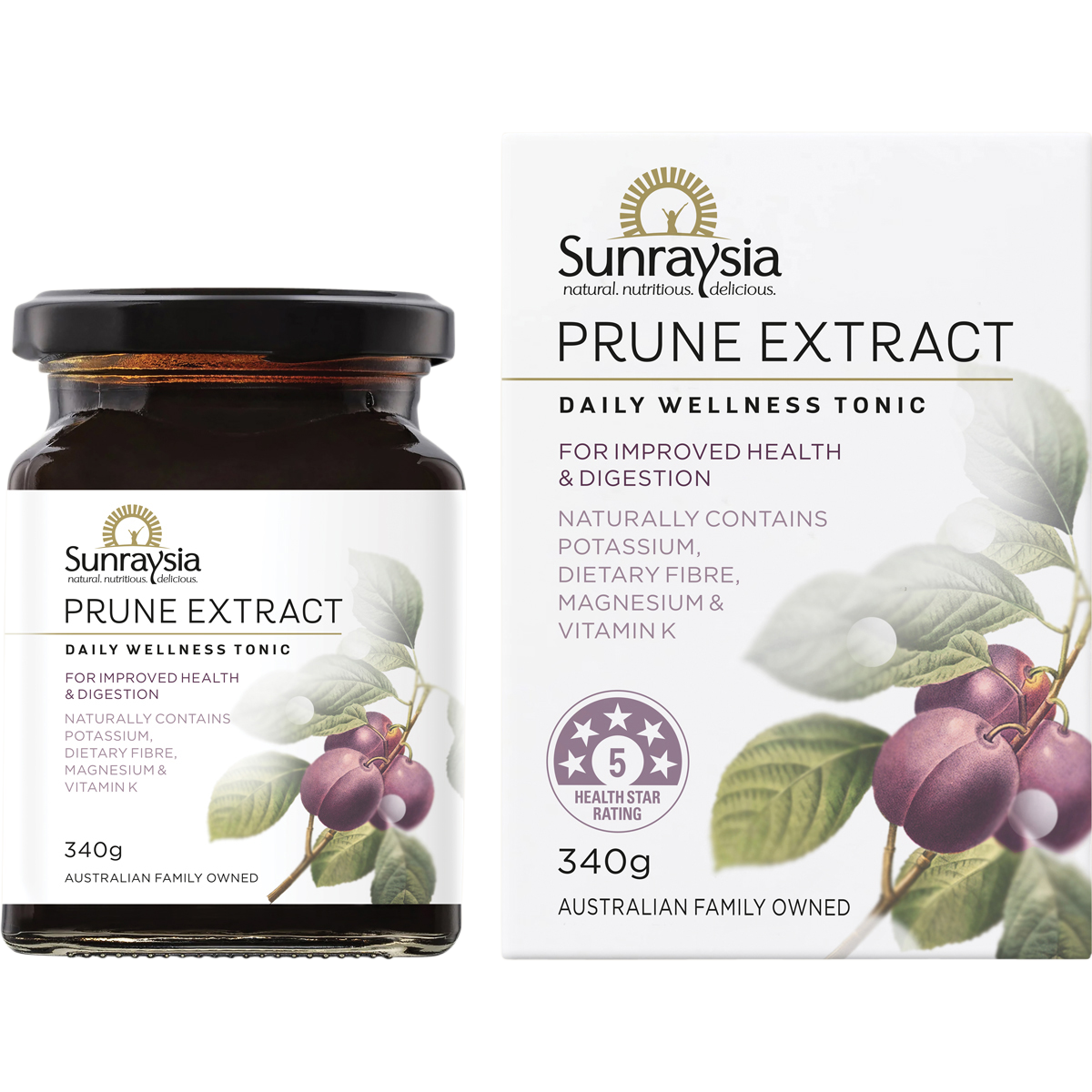 Sunraysia Prune Extract Tonic 340g jar with more than 70 Californian prunes, supporting natural digestive regularity.