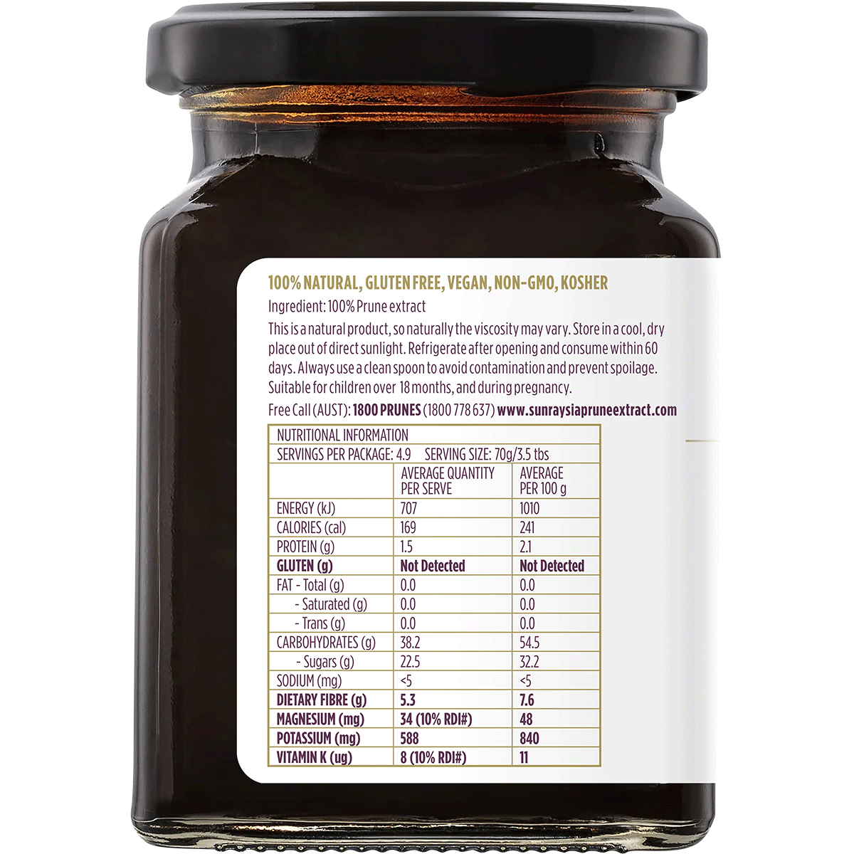 Side view of a Sunraysia Prune Extract 340g jar highlighting directions for use and nutrition information.