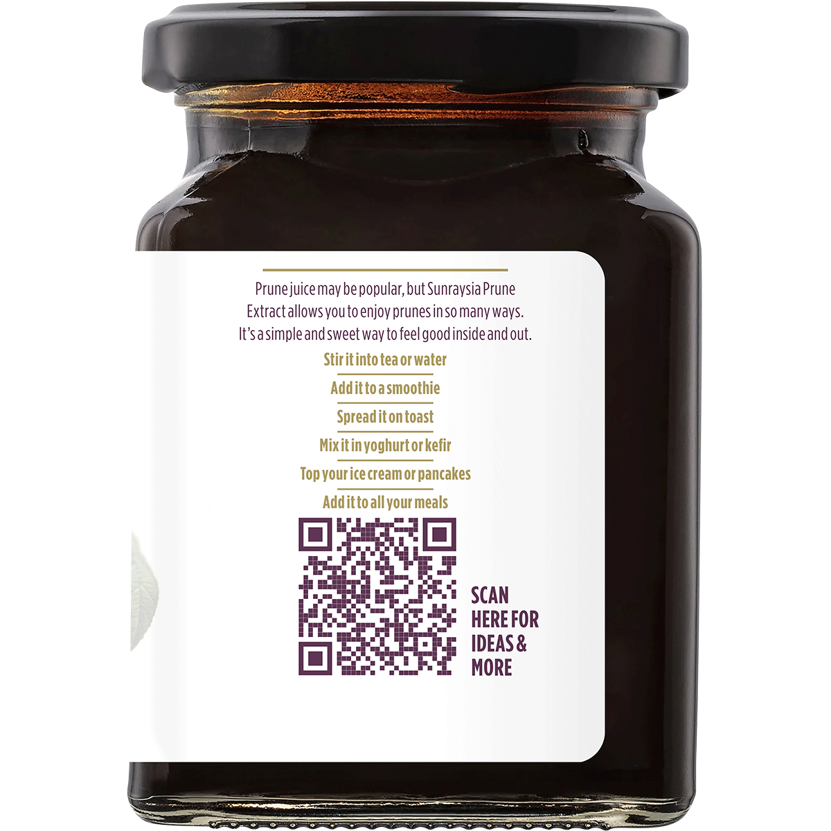 Right side of Sunraysia Prune Extract 340g jar showing product benefits, 100% natural claim, and a barcode.