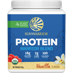 375g tub of Sunwarrior Warrior Blend Vanilla plant-based organic protein powder on a white background.