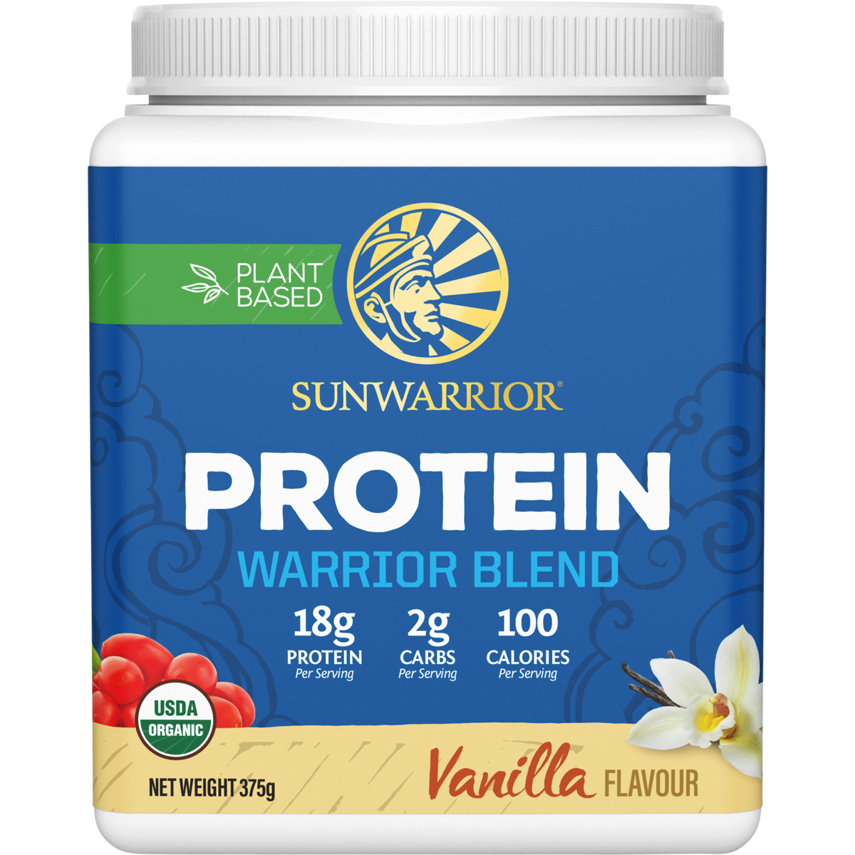375g tub of Sunwarrior Warrior Blend Vanilla plant-based organic protein powder on a white background.