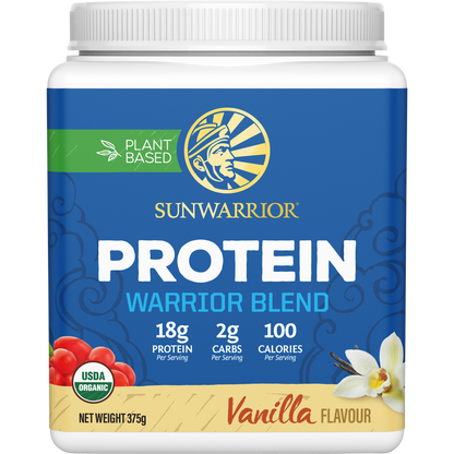 375g tub of Sunwarrior Warrior Blend Vanilla plant-based organic protein powder on a white background.