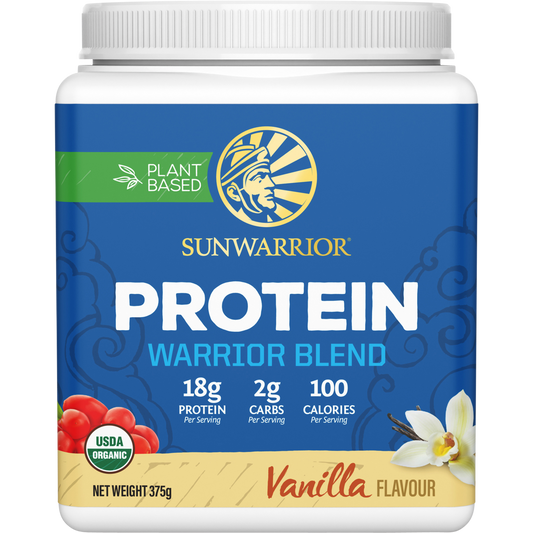 375g tub of Sunwarrior Warrior Blend Vanilla plant-based organic protein powder on a white background.