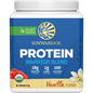 375g tub of Sunwarrior Warrior Blend Vanilla plant-based organic protein powder on a white background.