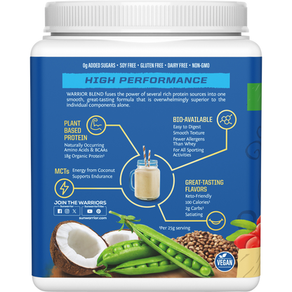 Left-side view of a 375g tub of Sunwarrior Warrior Blend Vanilla protein powder on a white background.