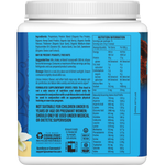 Right-side view of a 375g Sunwarrior Warrior Blend Vanilla tub showing product benefits and mission statement.