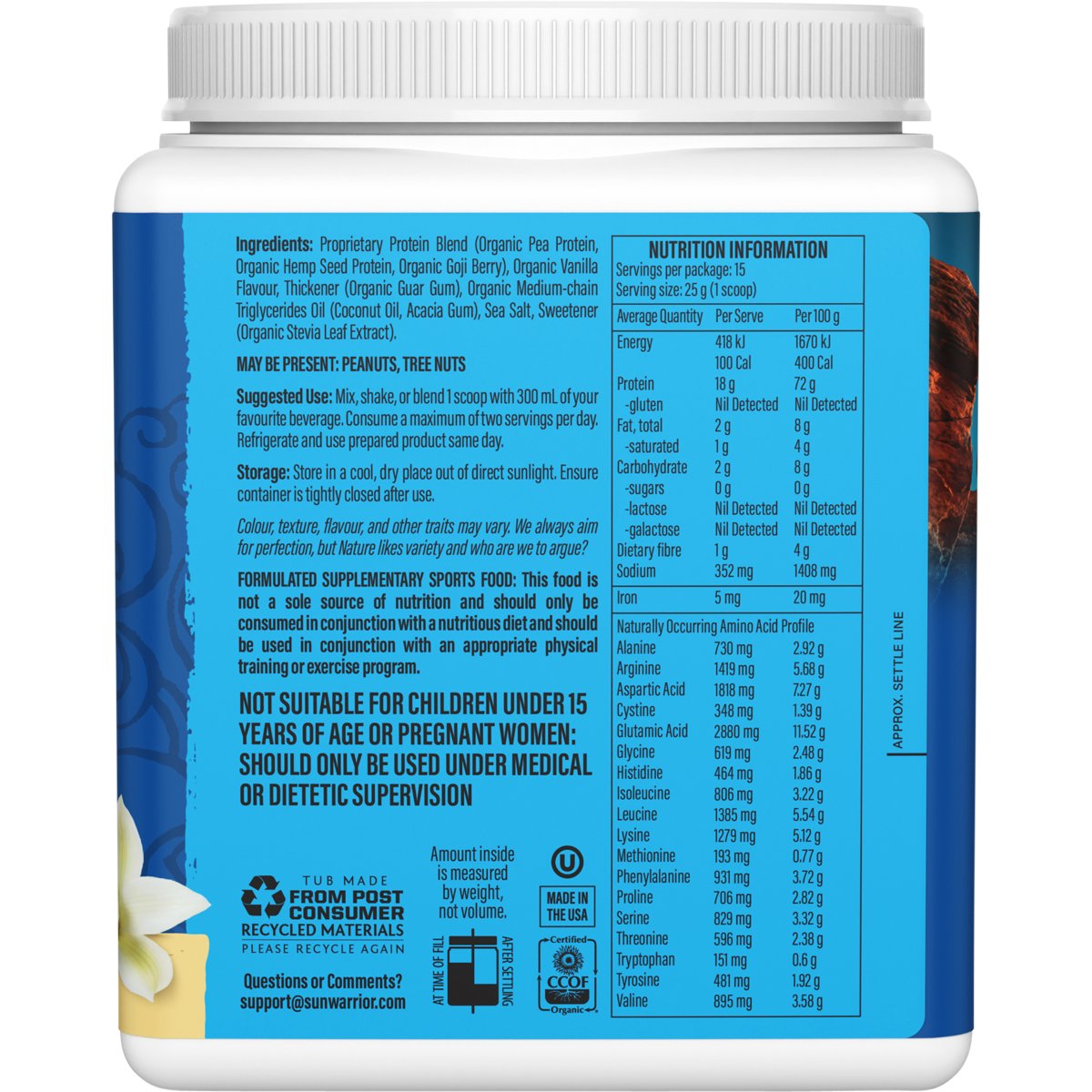 Right-side view of a 375g Sunwarrior Warrior Blend Vanilla tub showing product benefits and mission statement.