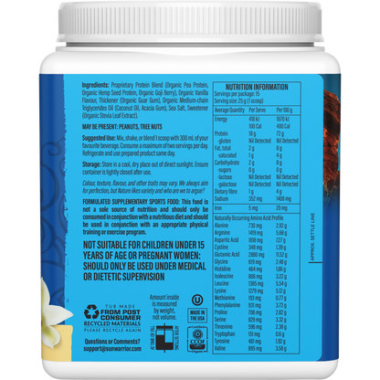 Right-side view of a 375g Sunwarrior Warrior Blend Vanilla tub showing product benefits and mission statement.