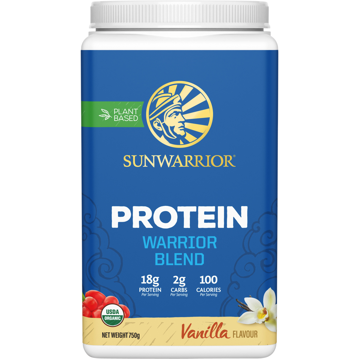 750g tub of Sunwarrior Warrior Blend Vanilla plant-based protein powder with organic ingredients and a white label.