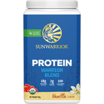 750g tub of Sunwarrior Warrior Blend Vanilla plant-based protein powder with organic ingredients and a white label.
