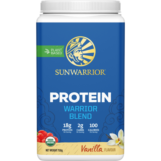 750g tub of Sunwarrior Warrior Blend Vanilla plant-based protein powder with organic ingredients and a white label.