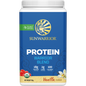 750g tub of Sunwarrior Warrior Blend Vanilla plant-based protein powder with organic ingredients and a white label.