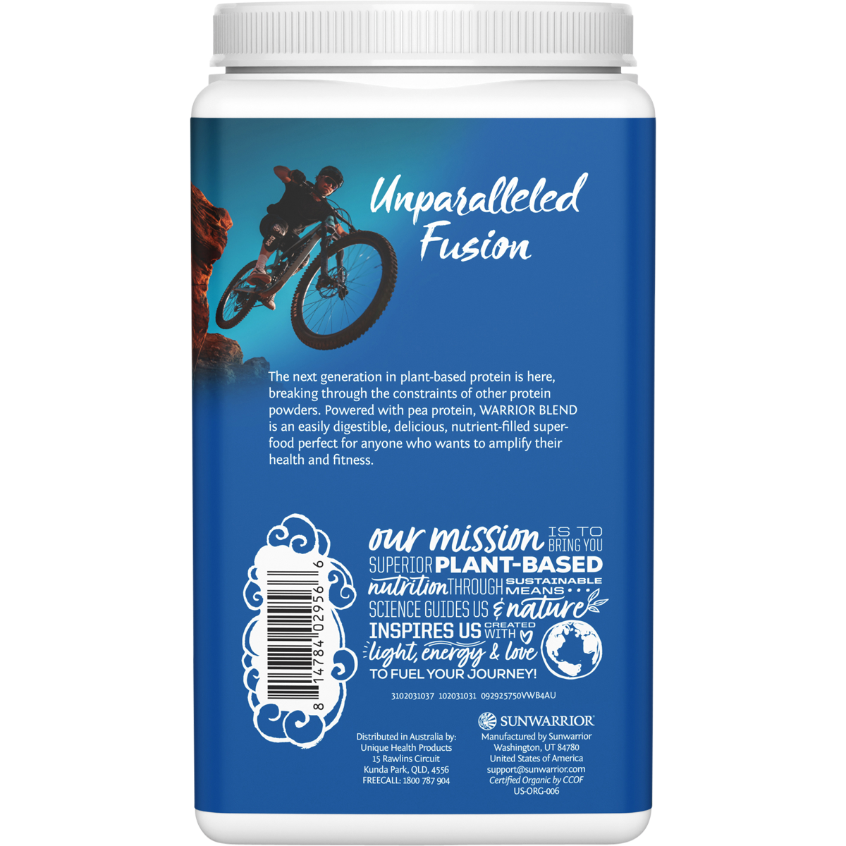 Back of Sunwarrior Warrior Blend Vanilla 750g tub with nutrition facts, ingredients, and amino acid profile.