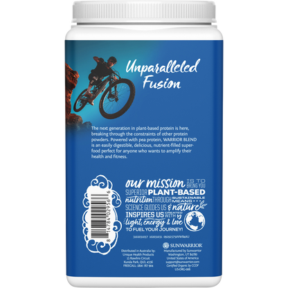 Back of Sunwarrior Warrior Blend Vanilla 750g tub with nutrition facts, ingredients, and amino acid profile.