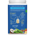 Side view of a 750g Sunwarrior Warrior Blend Vanilla tub highlighting amino acid profile and vegan protein benefits.