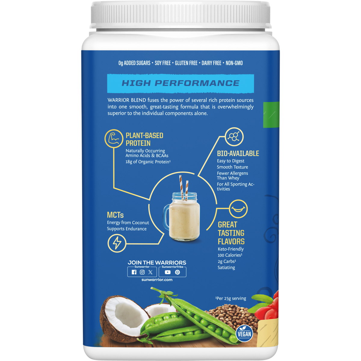 Side view of a 750g Sunwarrior Warrior Blend Vanilla tub highlighting amino acid profile and vegan protein benefits.