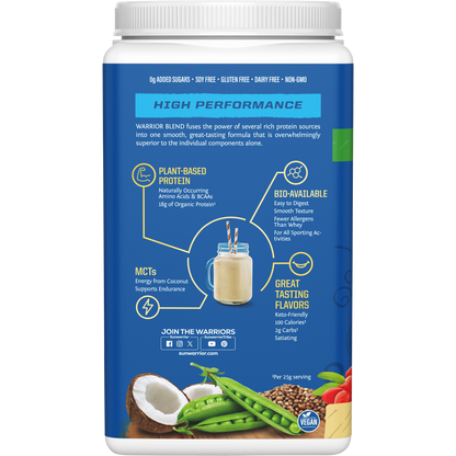 Side view of a 750g Sunwarrior Warrior Blend Vanilla tub highlighting amino acid profile and vegan protein benefits.