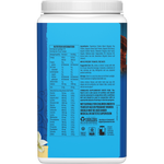 Side view of Sunwarrior Warrior Blend Vanilla protein tub showing organic ingredients and nutritional benefits.