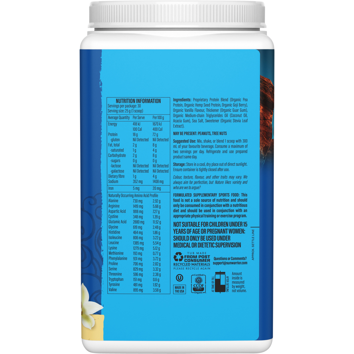 Side view of Sunwarrior Warrior Blend Vanilla protein tub showing organic ingredients and nutritional benefits.
