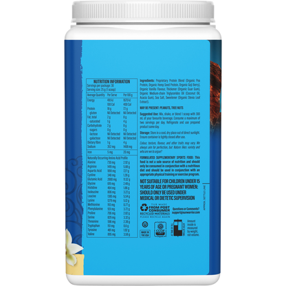 Side view of Sunwarrior Warrior Blend Vanilla protein tub showing organic ingredients and nutritional benefits.