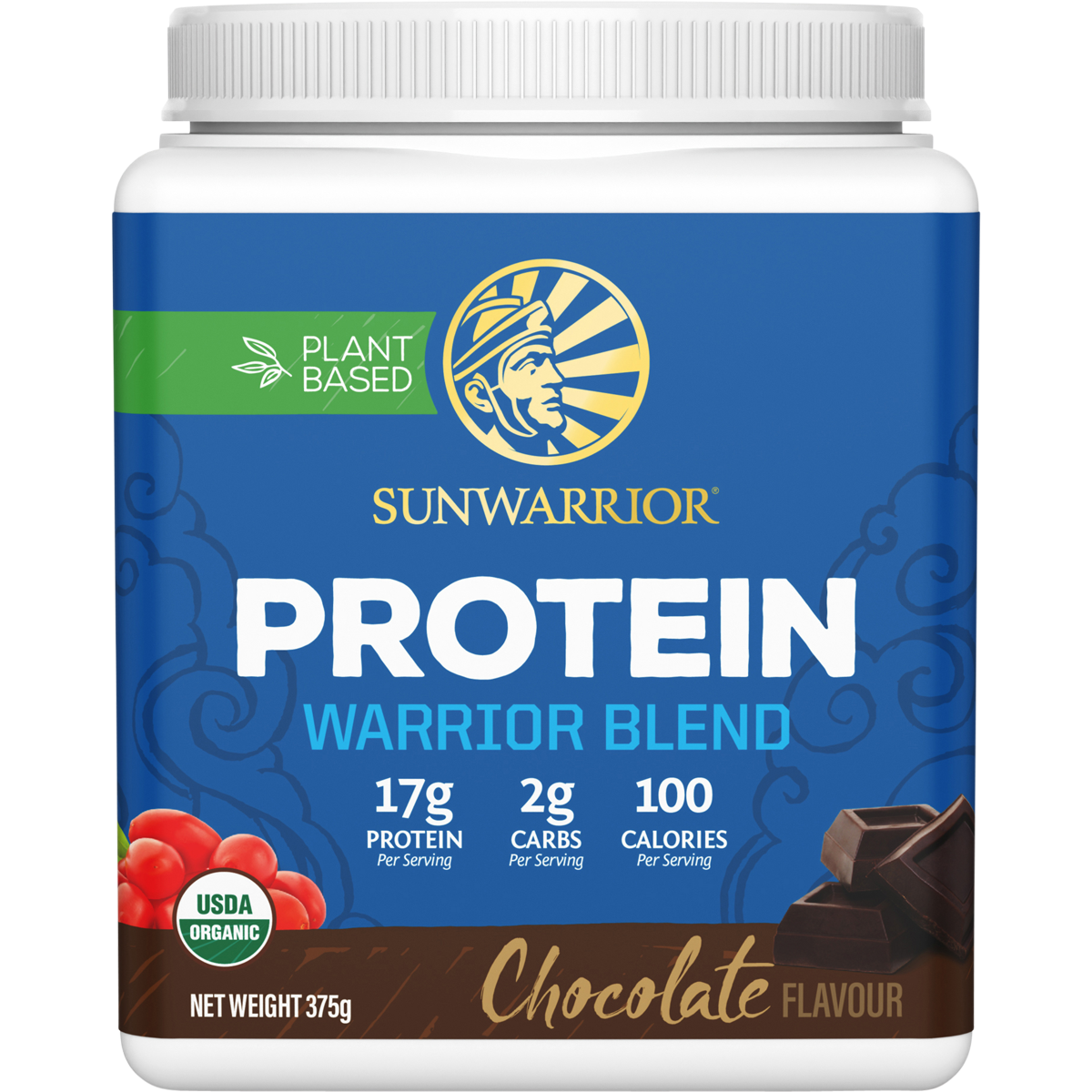 Sunwarrior Warrior Blend Chocolate 375g protein powder tub with a white scoop and plant illustrations.