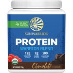 Sunwarrior Warrior Blend Chocolate 375g protein powder tub with a white scoop and plant illustrations.