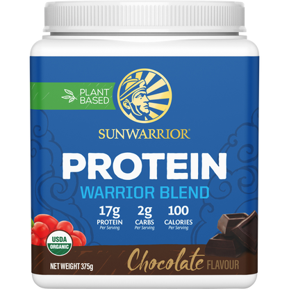 Sunwarrior Warrior Blend Chocolate 375g protein powder tub with a white scoop and plant illustrations.