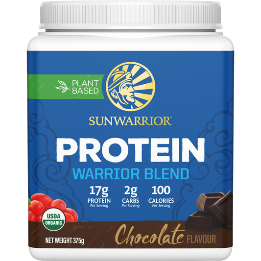 Sunwarrior Warrior Blend Chocolate 375g protein powder tub with a white scoop and plant illustrations.