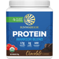 Sunwarrior Warrior Blend Chocolate 375g protein powder tub with a white scoop and plant illustrations.