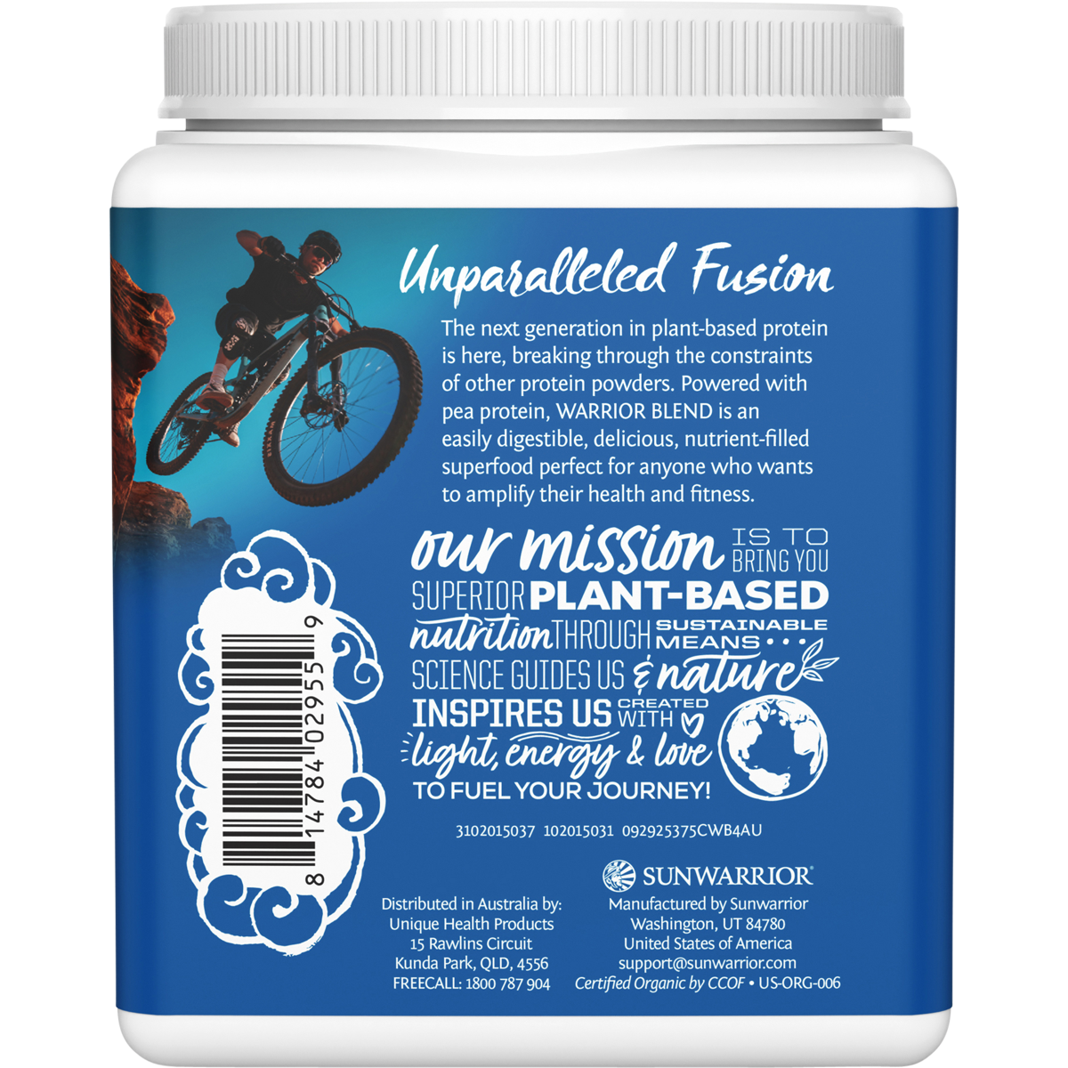 Back of Sunwarrior Chocolate Warrior Blend 375g tub showing nutritional facts and organic ingredients on a white background.