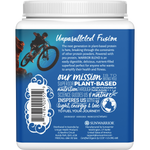 Back of Sunwarrior Chocolate Warrior Blend 375g tub showing nutritional facts and organic ingredients on a white background.