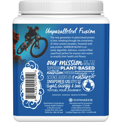 Back of Sunwarrior Chocolate Warrior Blend 375g tub showing nutritional facts and organic ingredients on a white background.