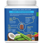 Left side of Sunwarrior Chocolate Protein 375g tub showing product features, benefits, and USDA Organic logo.