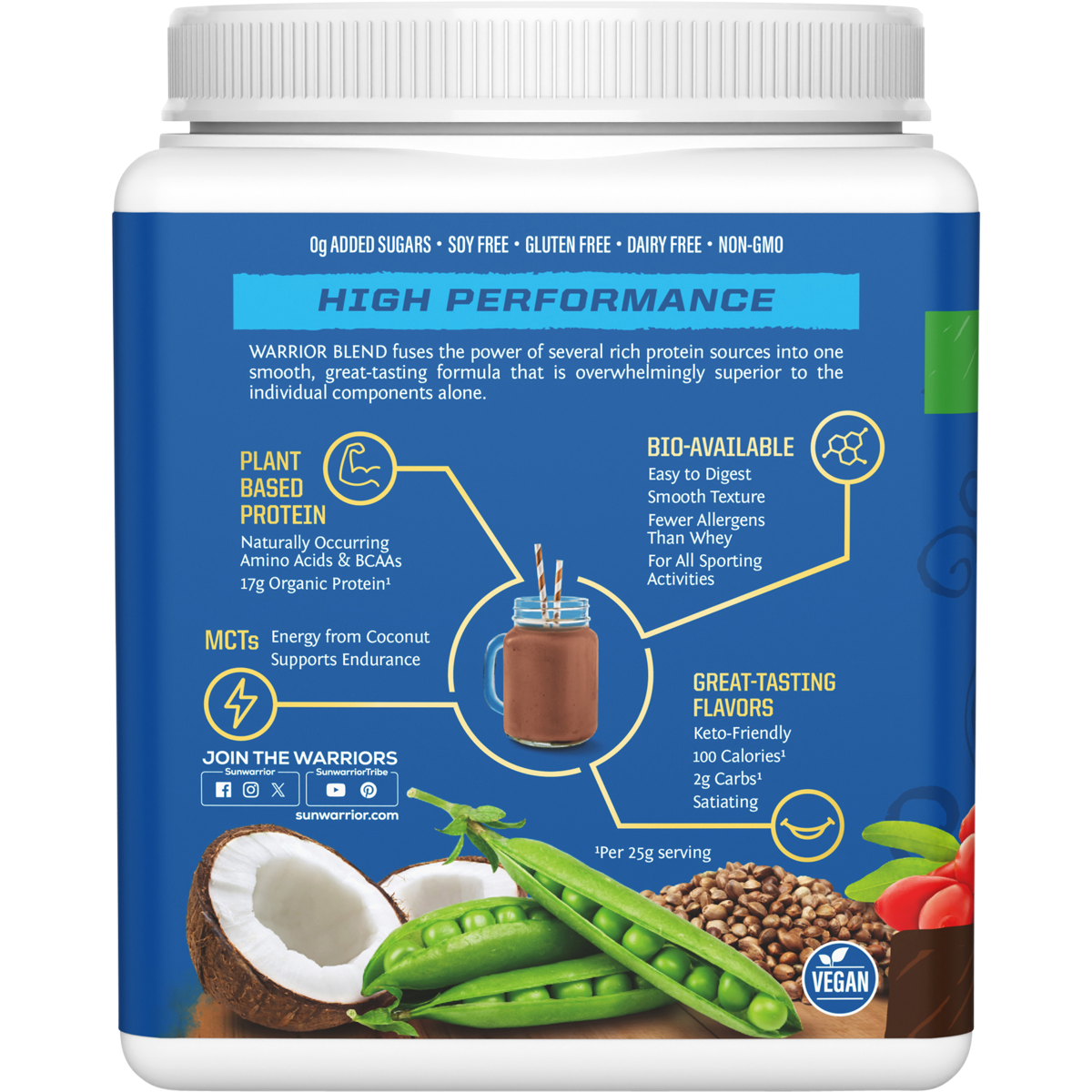 Left side of Sunwarrior Chocolate Protein 375g tub showing product features, benefits, and USDA Organic logo.