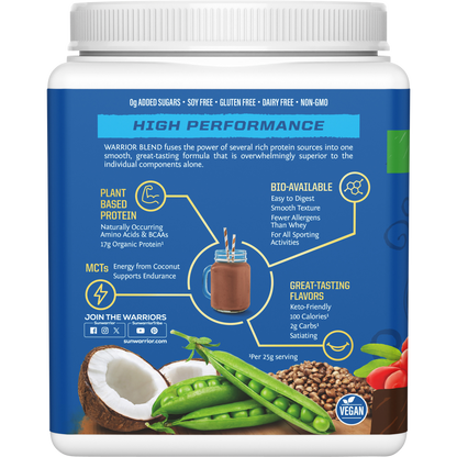Left side of Sunwarrior Chocolate Protein 375g tub showing product features, benefits, and USDA Organic logo.