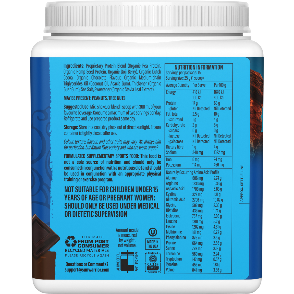 Side view of Sunwarrior Chocolate Protein 375g tub highlighting plant-based ingredients and a 16g protein label.