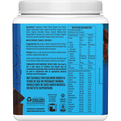 Side view of Sunwarrior Chocolate Protein 375g tub highlighting plant-based ingredients and a 16g protein label.