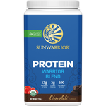 Sunwarrior Warrior Blend Chocolate 750g tub of organic vegan plant-based protein powder on a white background.
