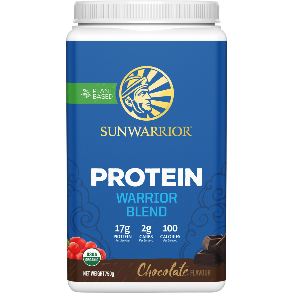 Sunwarrior Warrior Blend Chocolate 750g tub of organic vegan plant-based protein powder on a white background.