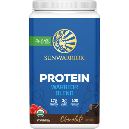 Sunwarrior Warrior Blend Chocolate 750g tub of organic vegan plant-based protein powder on a white background.