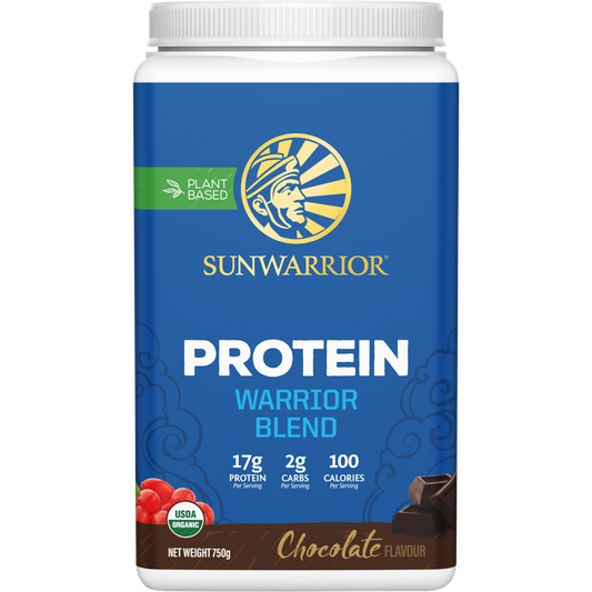 Sunwarrior Warrior Blend Chocolate 750g tub of organic vegan plant-based protein powder on a white background.