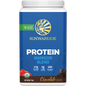 Sunwarrior Warrior Blend Chocolate 750g tub of organic vegan plant-based protein powder on a white background.