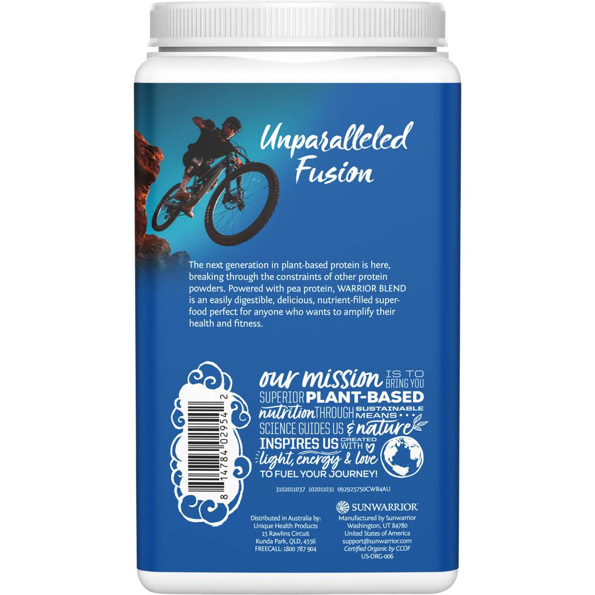 Back of Sunwarrior Chocolate Protein tub showing nutrition facts, ingredients, and amino acid profile.
