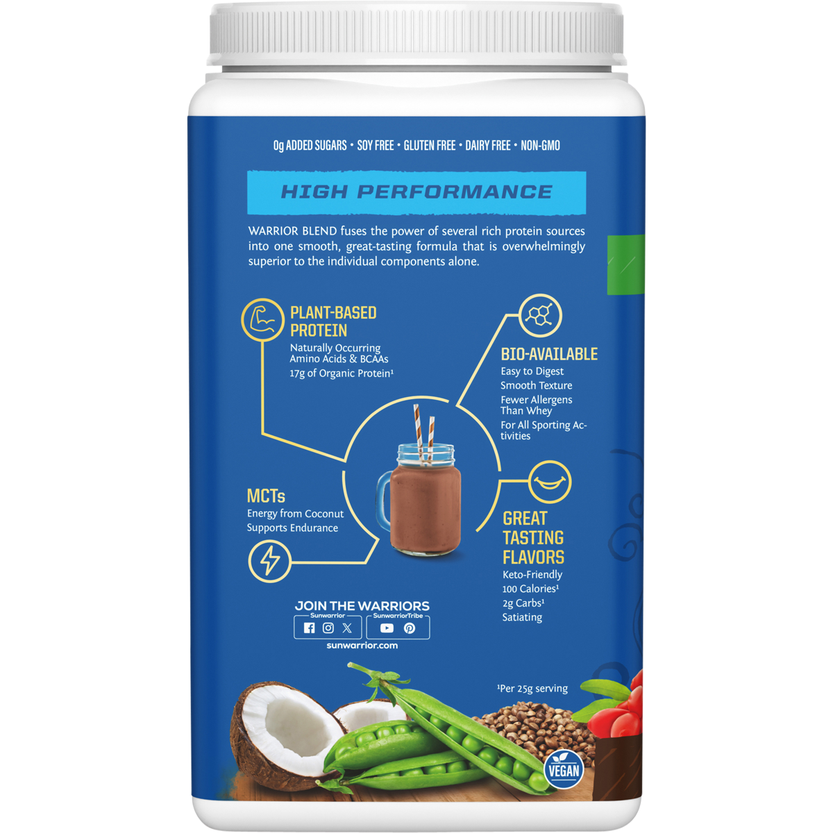 Left-side view of a 750g tub of Sunwarrior Warrior Blend Chocolate organic vegan protein powder on a white background.