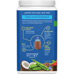 Left-side view of a 750g tub of Sunwarrior Warrior Blend Chocolate organic vegan protein powder on a white background.