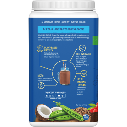 Left-side view of a 750g tub of Sunwarrior Warrior Blend Chocolate organic vegan protein powder on a white background.